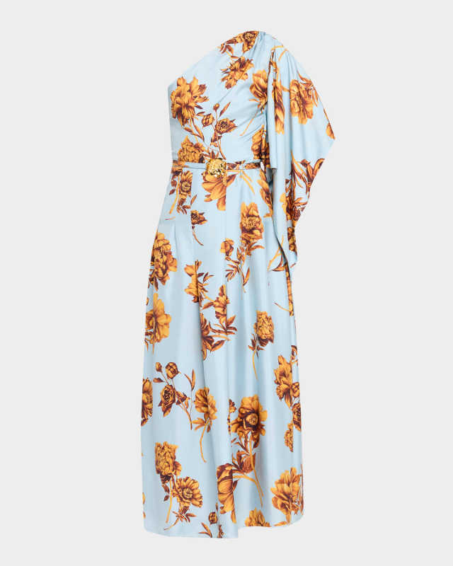 Peony-Print Draped One-Shoulder Midi Dress With Belt